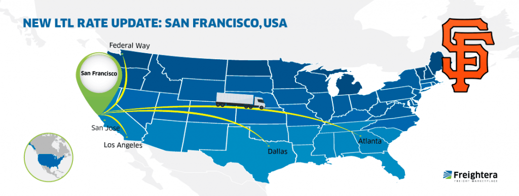 The USA map with major cities: San Francisco, CA