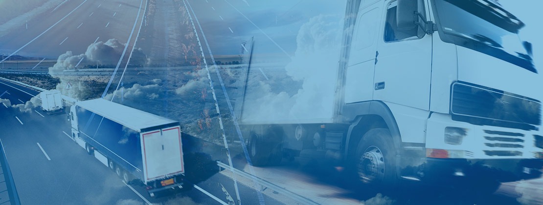 Freight trucks with abstract interconnected locations representing international shipping