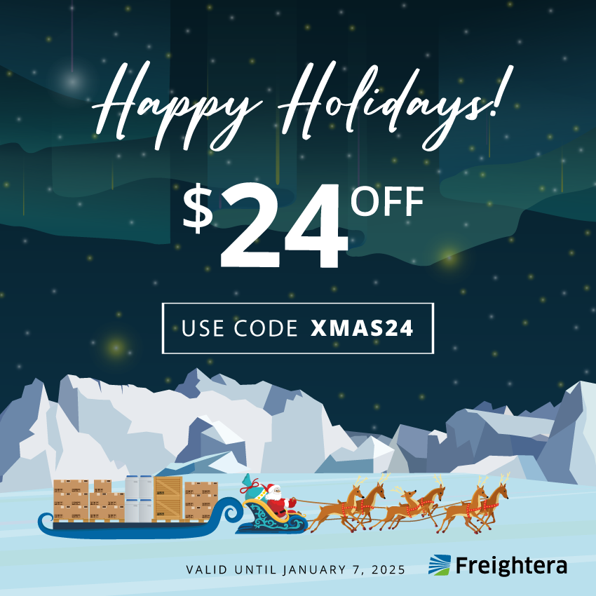 Freightera's Christmas Coupon for $24 off with a freight Santa illustration