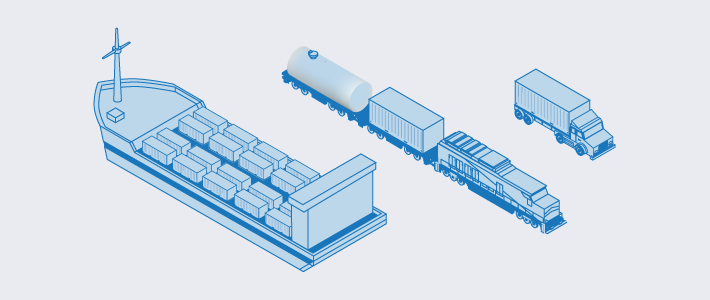 An illustration depicting a freight ship, train, and truck as multiple modes of freight shipping