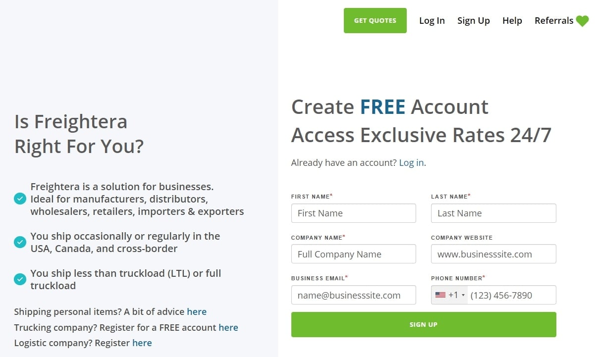 Screenshot of the form on the Sign Up page on Freightera