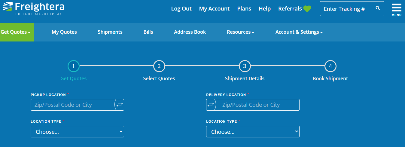 Quoting fields on the Freightera quoting page