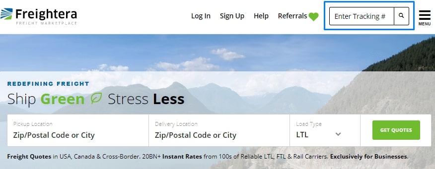 Shipment tracking field on Freightera homepage